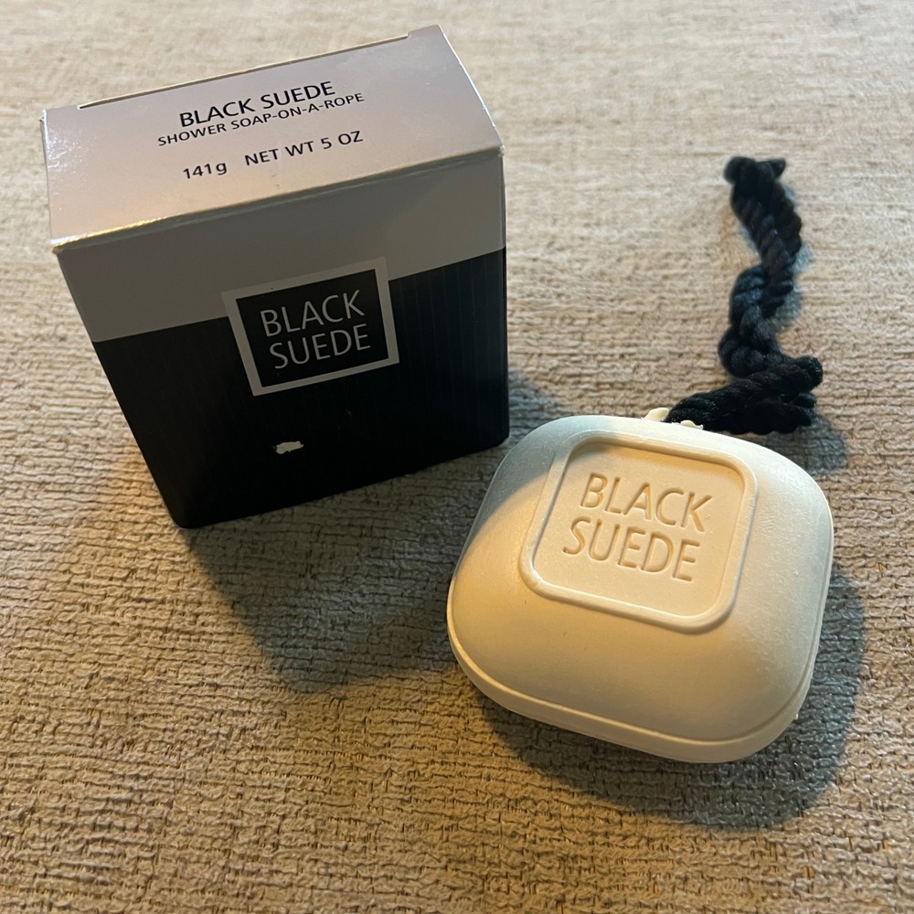 Vintage Avon Black Suede Shower‎ Soap On A Rope 5oz Mens Cleansing Bar 1996 New